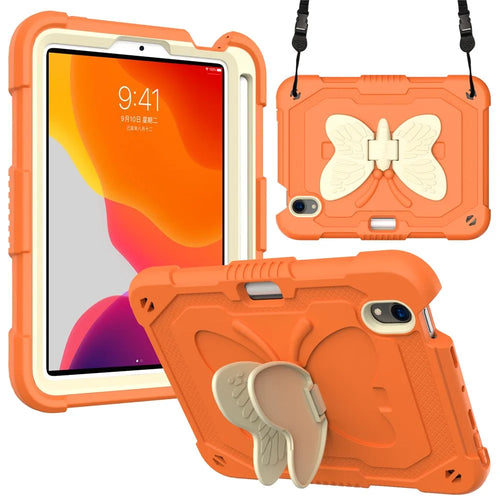 Color Splicing Butterfly Shape Kickstand Tablet Protective Case Cover with Shoulder Strap for iPad mini (2024) / mini (2021) - Beige / Orange - 1