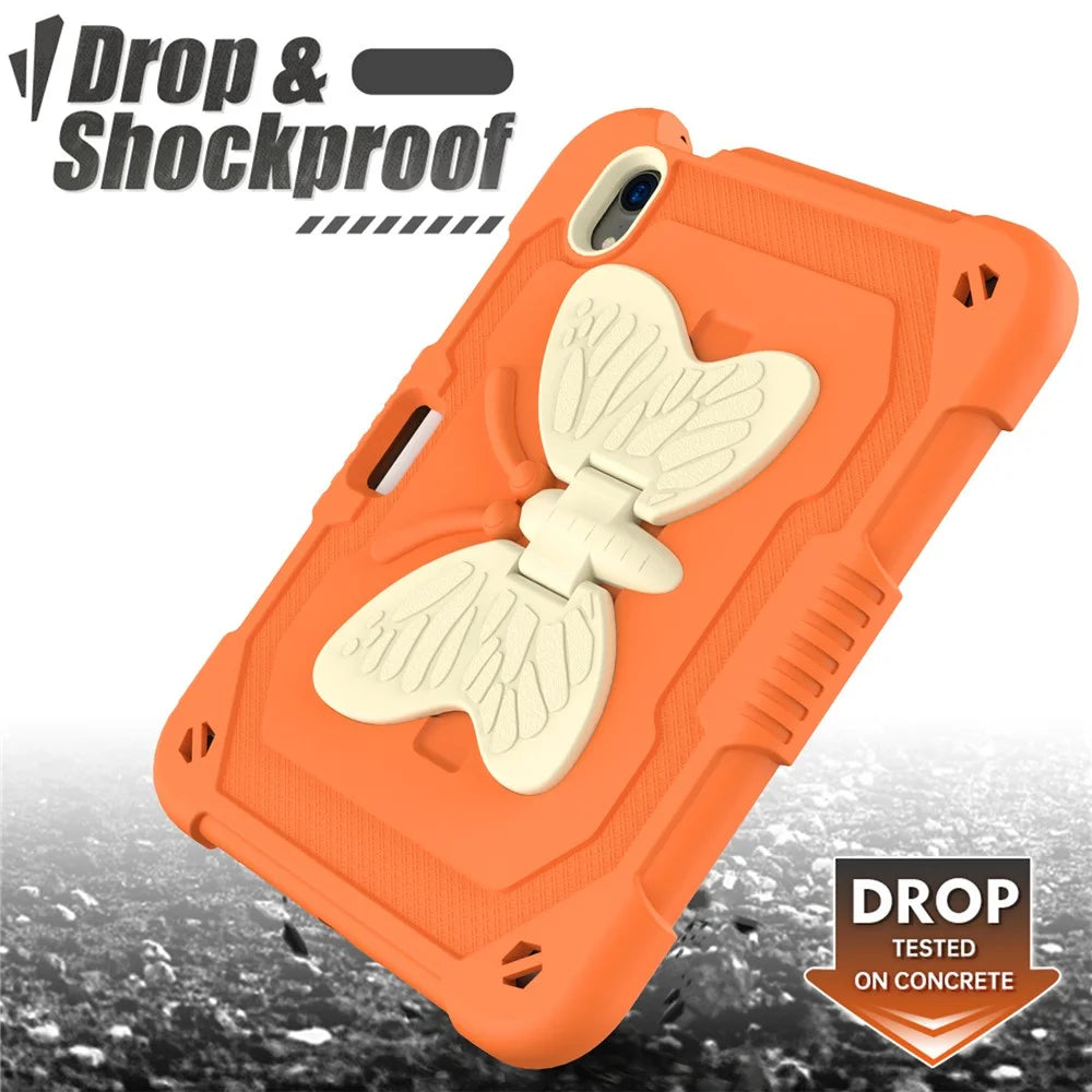 Color Splicing Butterfly Shape Kickstand Tablet Protective Case Cover with Shoulder Strap for iPad mini (2024) / mini (2021) - Beige / Orange - 3