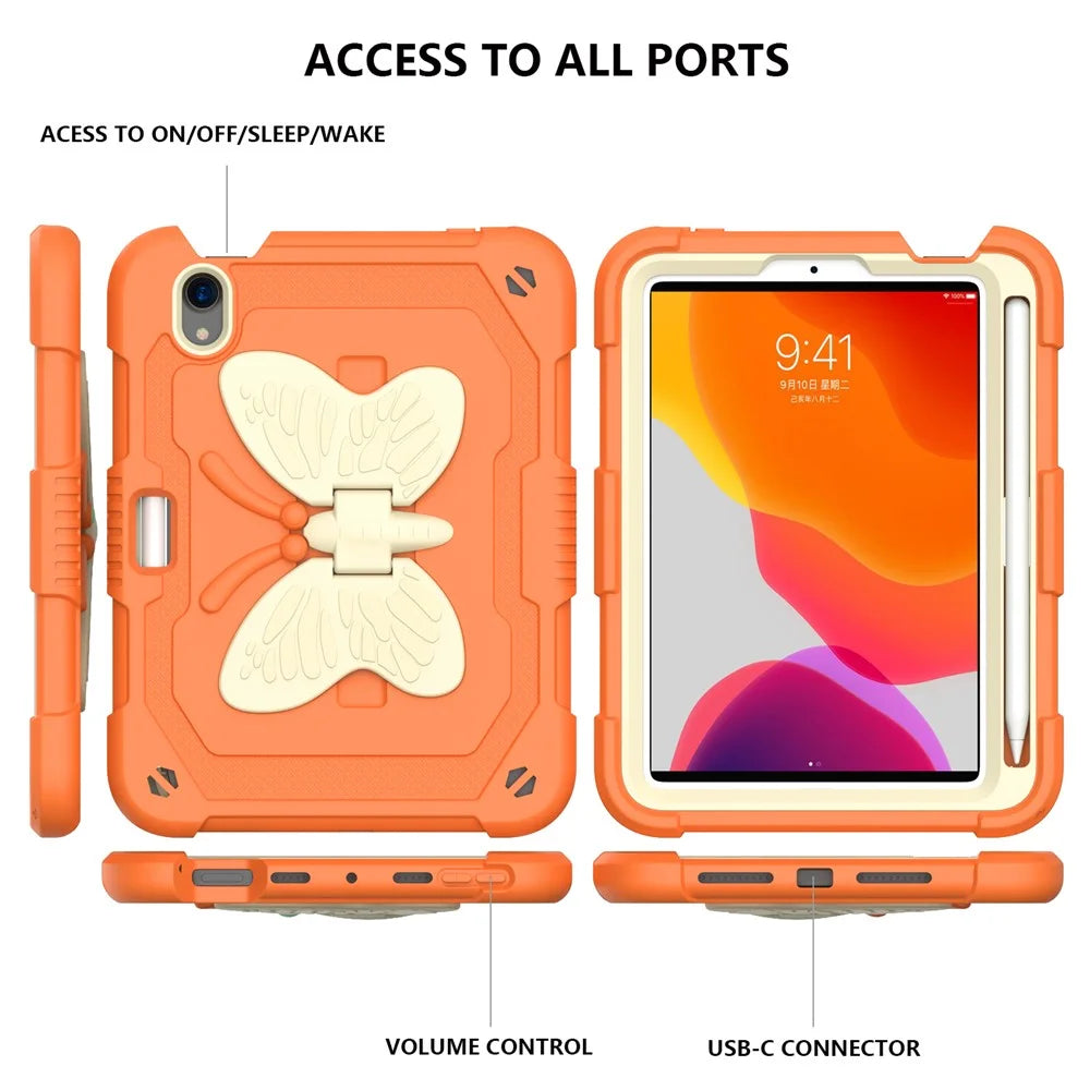 Color Splicing Butterfly Shape Kickstand Tablet Protective Case Cover with Shoulder Strap for iPad mini (2024) / mini (2021) - Beige / Orange - 4