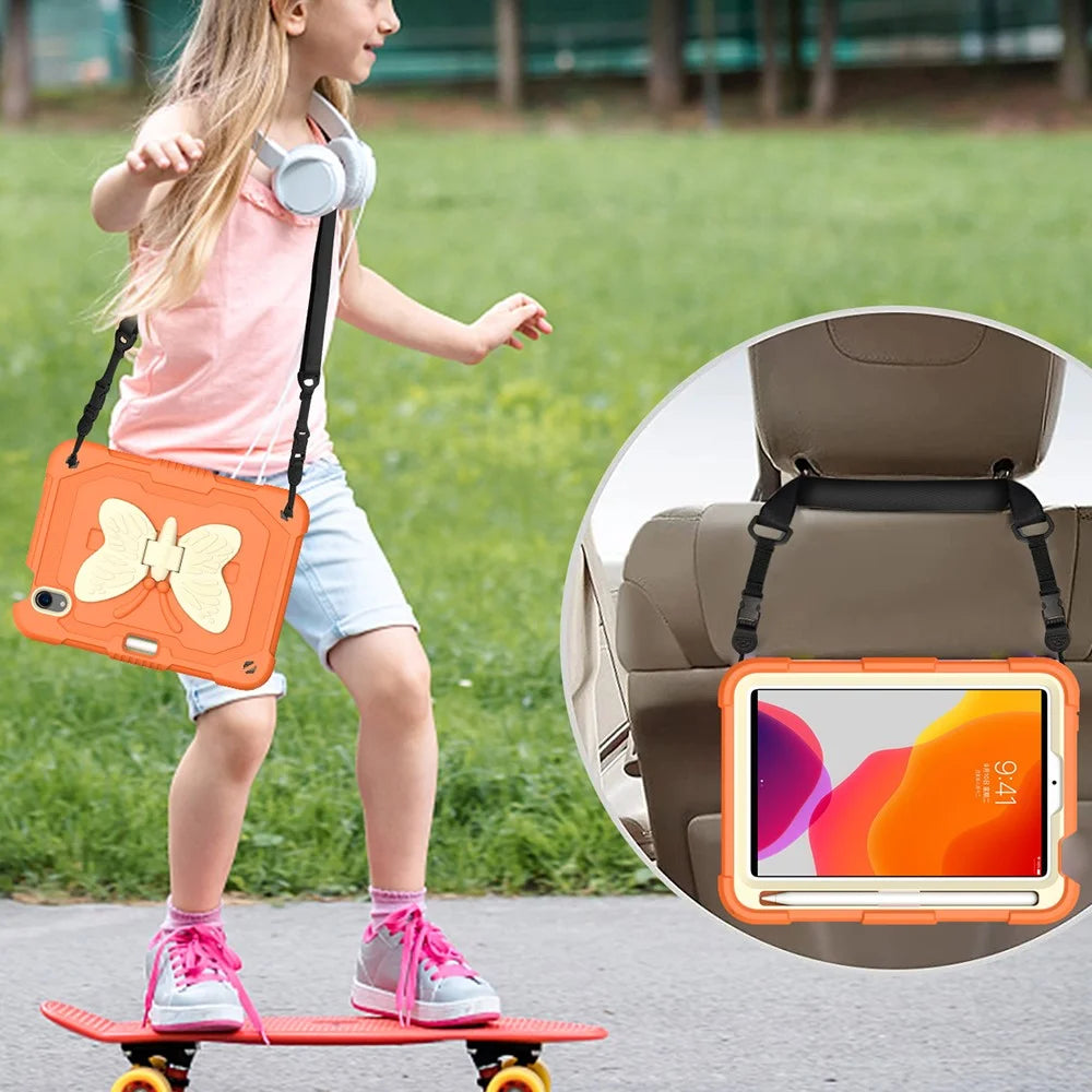 Color Splicing Butterfly Shape Kickstand Tablet Protective Case Cover with Shoulder Strap for iPad mini (2024) / mini (2021) - Beige / Orange - 5