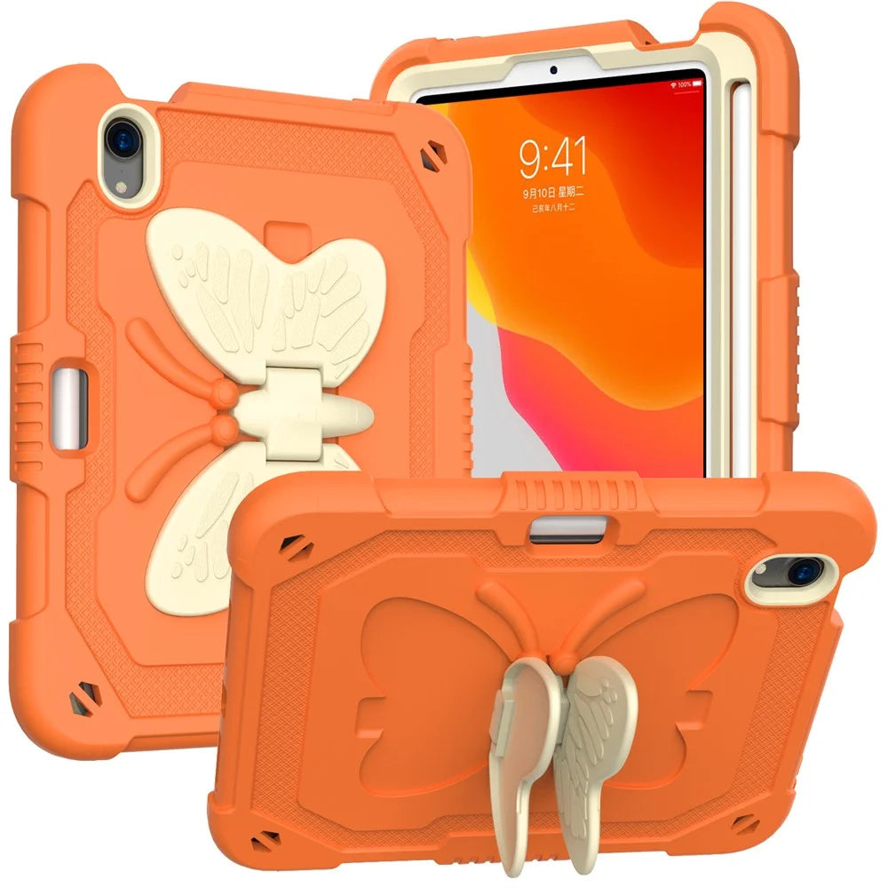 Color Splicing Butterfly Shape Kickstand Tablet Protective Case Cover with Shoulder Strap for iPad mini (2024) / mini (2021) - Beige / Orange - 6