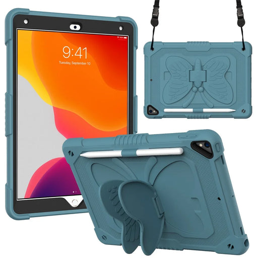 Butterfly Shape Kickstand Design Solid Color PC + Silicone Shockproof Tablet Cover Shell with Shoulder Strap for iPad 10.2 (2021) / (2020) / (2019) - Blackish Green - 1