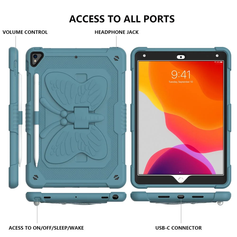 Butterfly Shape Kickstand Design Solid Color PC + Silicone Shockproof Tablet Cover Shell with Shoulder Strap for iPad 10.2 (2021) / (2020) / (2019) - Blackish Green - 4