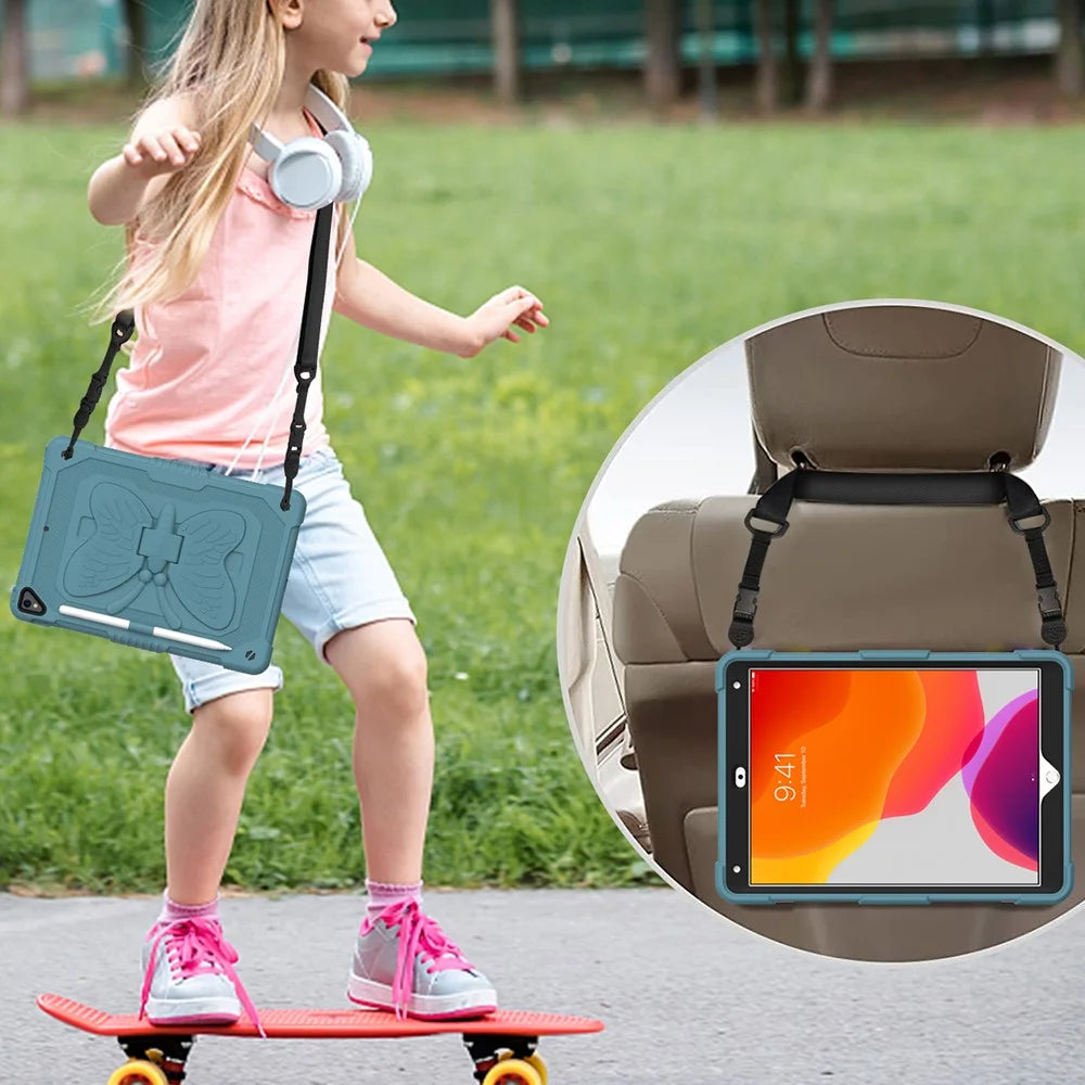 Butterfly Shape Kickstand Design Solid Color PC + Silicone Shockproof Tablet Cover Shell with Shoulder Strap for iPad 10.2 (2021) / (2020) / (2019) - Blackish Green - 5