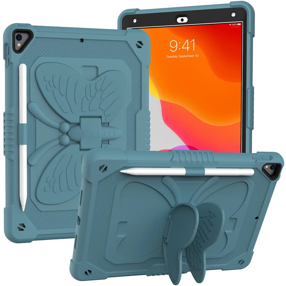 Butterfly Shape Kickstand Design Solid Color PC + Silicone Shockproof Tablet Cover Shell with Shoulder Strap for iPad 10.2 (2021) / (2020) / (2019) - Blackish Green - 6
