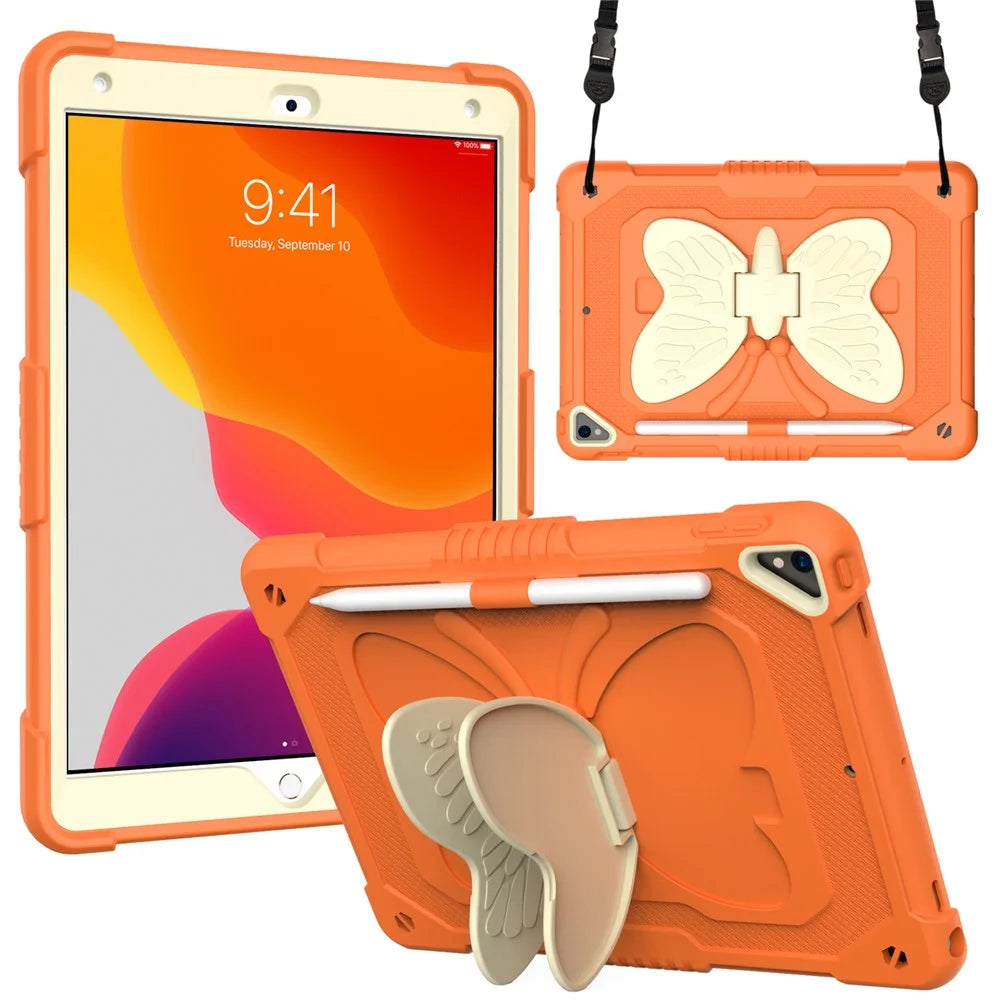 Dual-color PC + Silicone Butterfly Shape Kickstand Tablet Cover Case with Shoulder Strap for iPad 10.2 (2021)/(2020)/(2019) - Beige/Orange - 1
