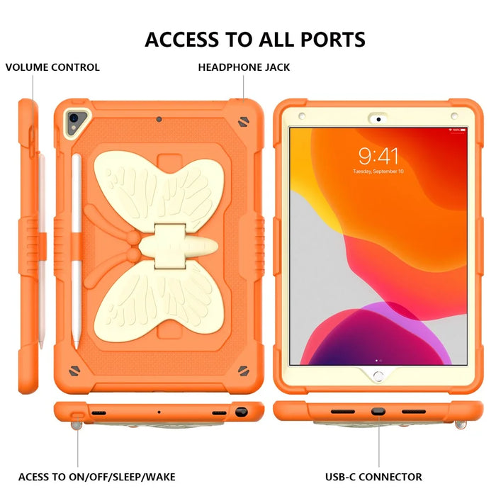Dual-color PC + Silicone Butterfly Shape Kickstand Tablet Cover Case with Shoulder Strap for iPad 10.2 (2021)/(2020)/(2019) - Beige/Orange - 4