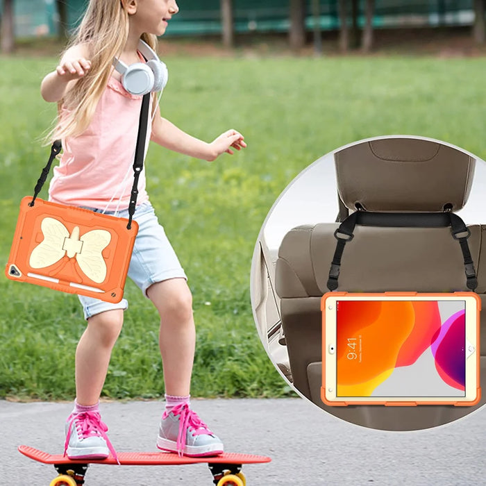 Dual-color PC + Silicone Butterfly Shape Kickstand Tablet Cover Case with Shoulder Strap for iPad 10.2 (2021)/(2020)/(2019) - Beige/Orange - 5
