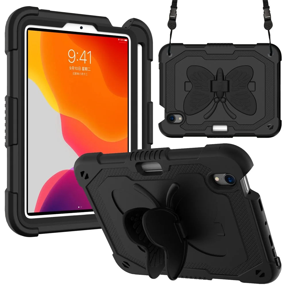 Solid Color PC + Silicone Tablet Cover Shell with Butterfly Shape Kickstand and Shoulder Strap for iPad mini (2024) / mini (2021) - Black - 1