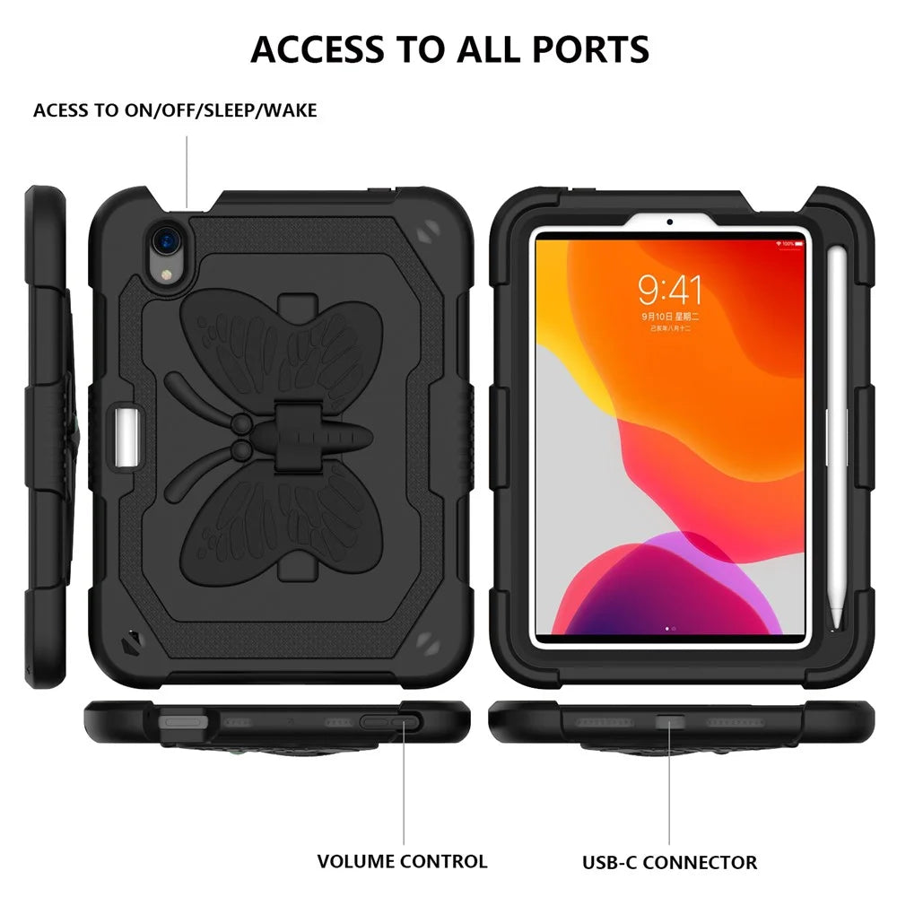 Solid Color PC + Silicone Tablet Cover Shell with Butterfly Shape Kickstand and Shoulder Strap for iPad mini (2024) / mini (2021) - Black - 4