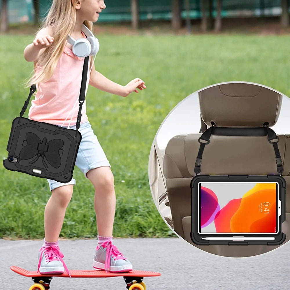 Solid Color PC + Silicone Tablet Cover Shell with Butterfly Shape Kickstand and Shoulder Strap for iPad mini (2024) / mini (2021) - Black - 5