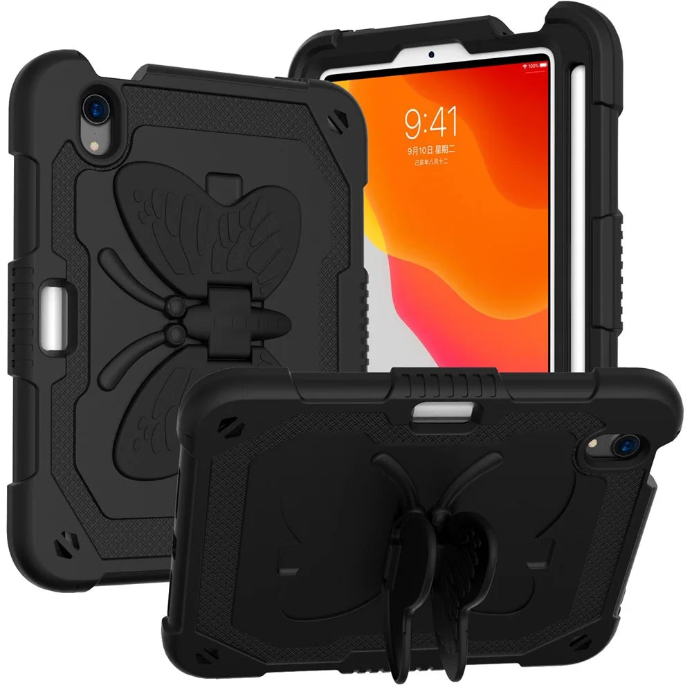 Solid Color PC + Silicone Tablet Cover Shell with Butterfly Shape Kickstand and Shoulder Strap for iPad mini (2024) / mini (2021) - Black - 6