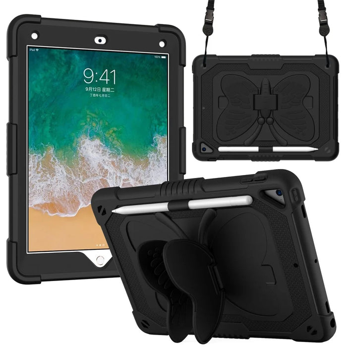 Butterfly Shape Kickstand PC + Silicone Tablet Case Cover with Shoulder Strap for iPad 9.7-inch (2018)/(2017)/iPad Air 2 - Black - 1