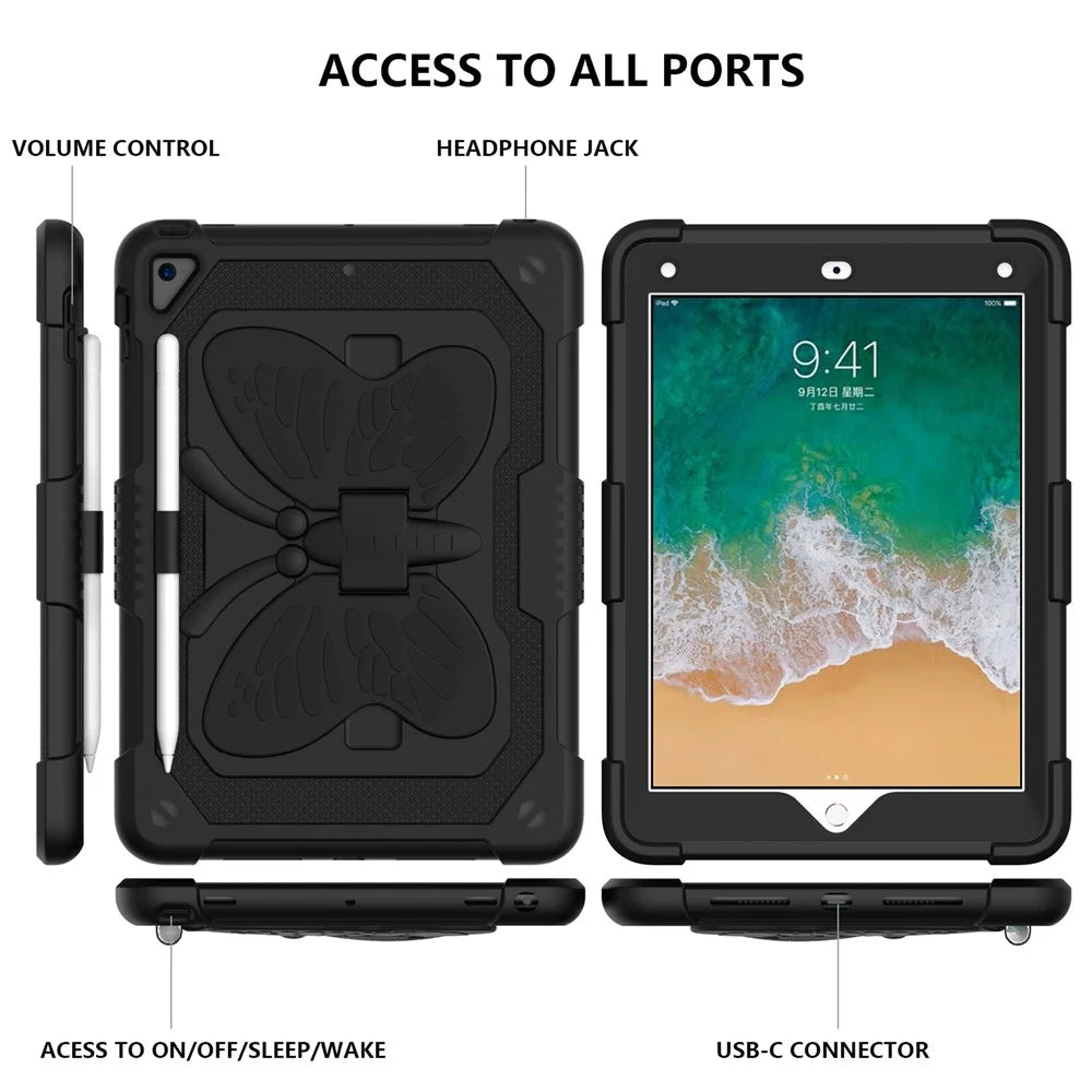 Butterfly Shape Kickstand PC + Silicone Tablet Case Cover with Shoulder Strap for iPad 9.7-inch (2018)/(2017)/iPad Air 2 - Black - 4