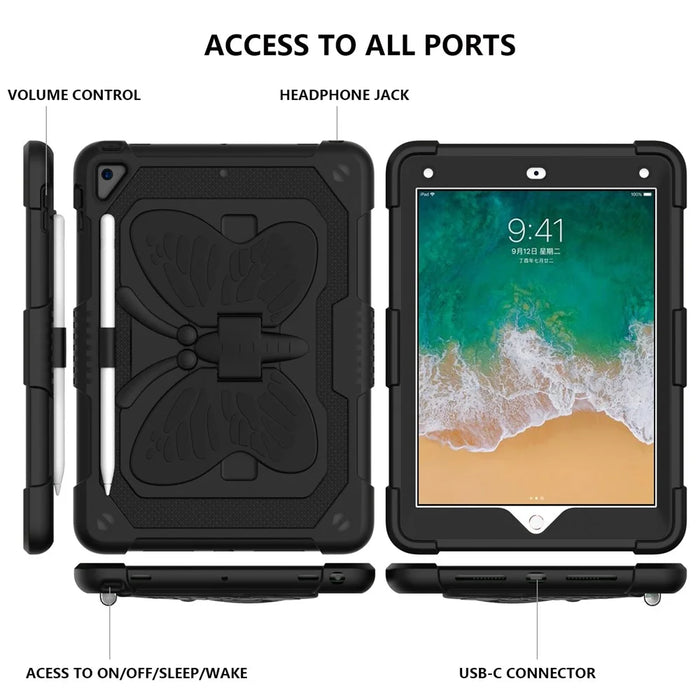 Butterfly Shape Kickstand PC + Silicone Tablet Case Cover with Shoulder Strap for iPad 9.7-inch (2018)/(2017)/iPad Air 2 - Black - 4