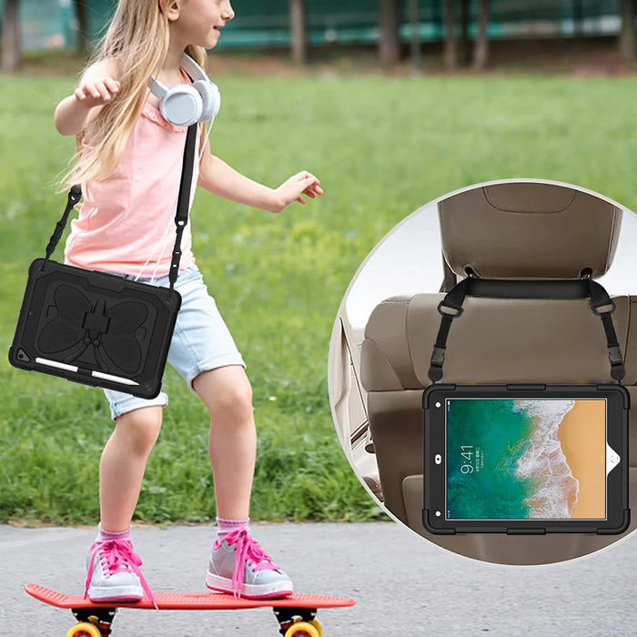 Butterfly Shape Kickstand PC + Silicone Tablet Case Cover with Shoulder Strap for iPad 9.7-inch (2018)/(2017)/iPad Air 2 - Black - 5