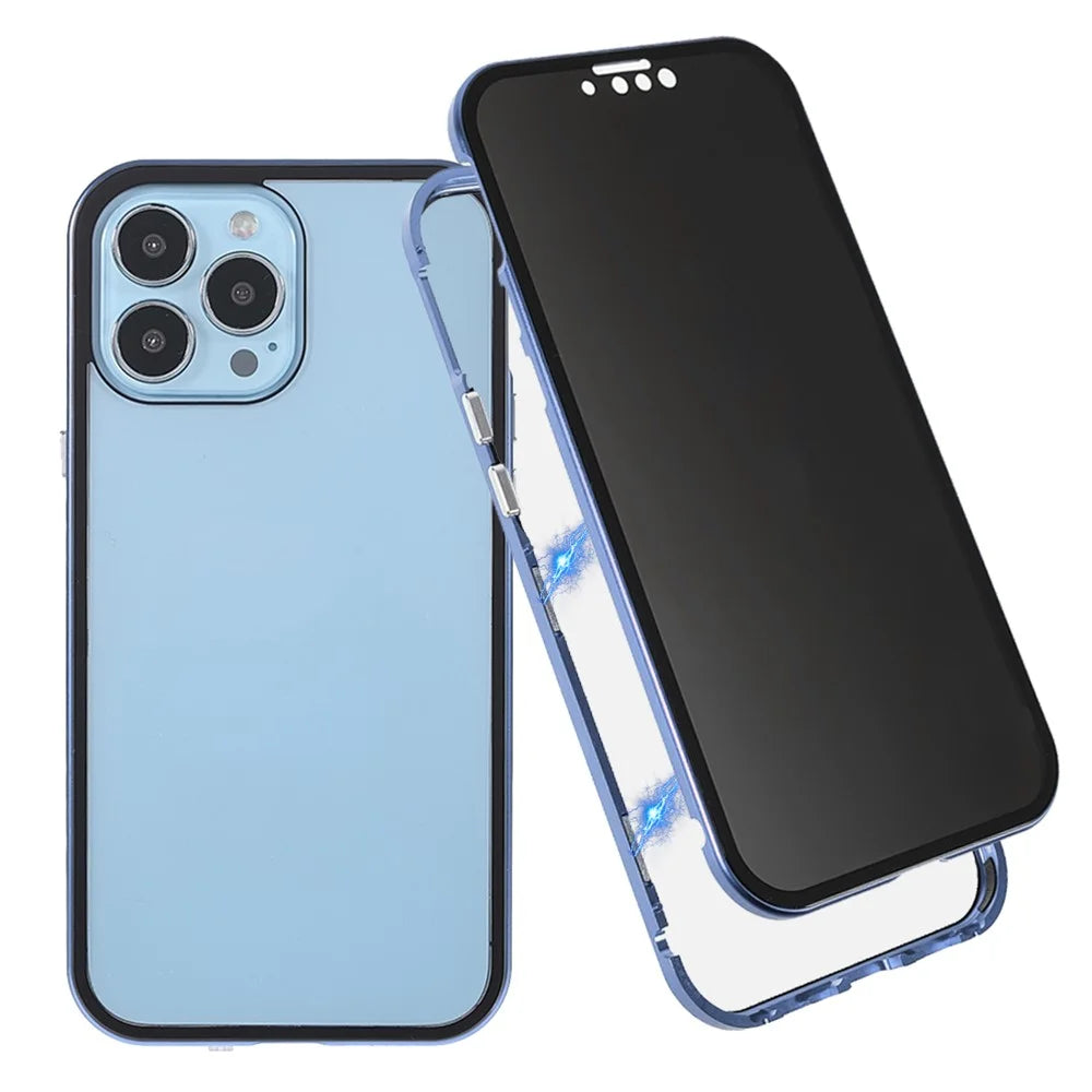 35 Degrees Anti-Peep Drop-Resistant Powerful Magnetic Metal Frame + Double-Sided Tempered Glass Phone Case for iPhone 13 Pro 6.1 inch - Blue - 1