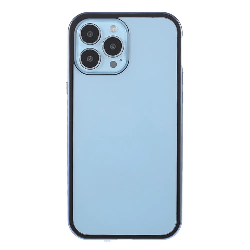 35 Degrees Anti-Peep Drop-Resistant Powerful Magnetic Metal Frame + Double-Sided Tempered Glass Phone Case for iPhone 13 Pro 6.1 inch - Blue - 2