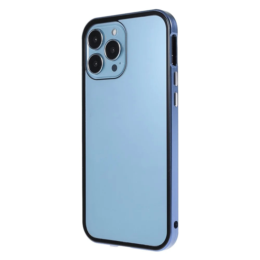 35 Degrees Anti-Peep Drop-Resistant Powerful Magnetic Metal Frame + Double-Sided Tempered Glass Phone Case for iPhone 13 Pro 6.1 inch - Blue - 3