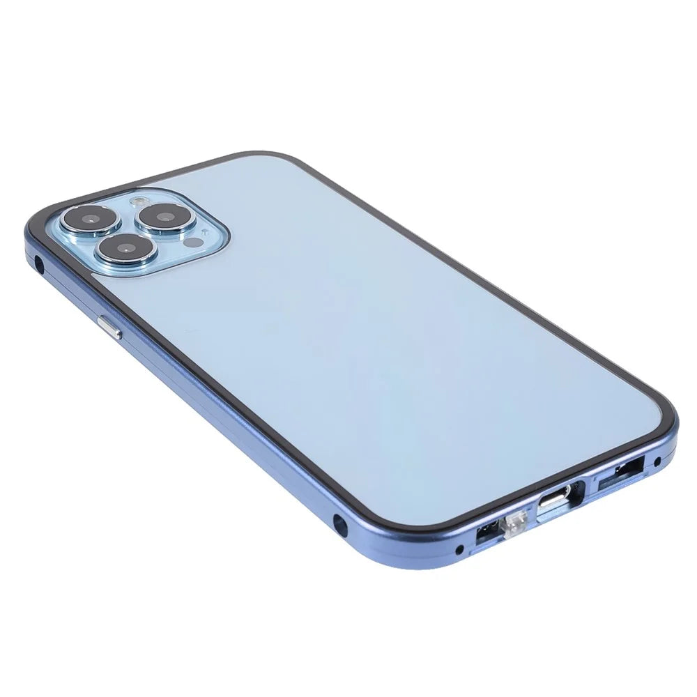 35 Degrees Anti-Peep Drop-Resistant Powerful Magnetic Metal Frame + Double-Sided Tempered Glass Phone Case for iPhone 13 Pro 6.1 inch - Blue - 5