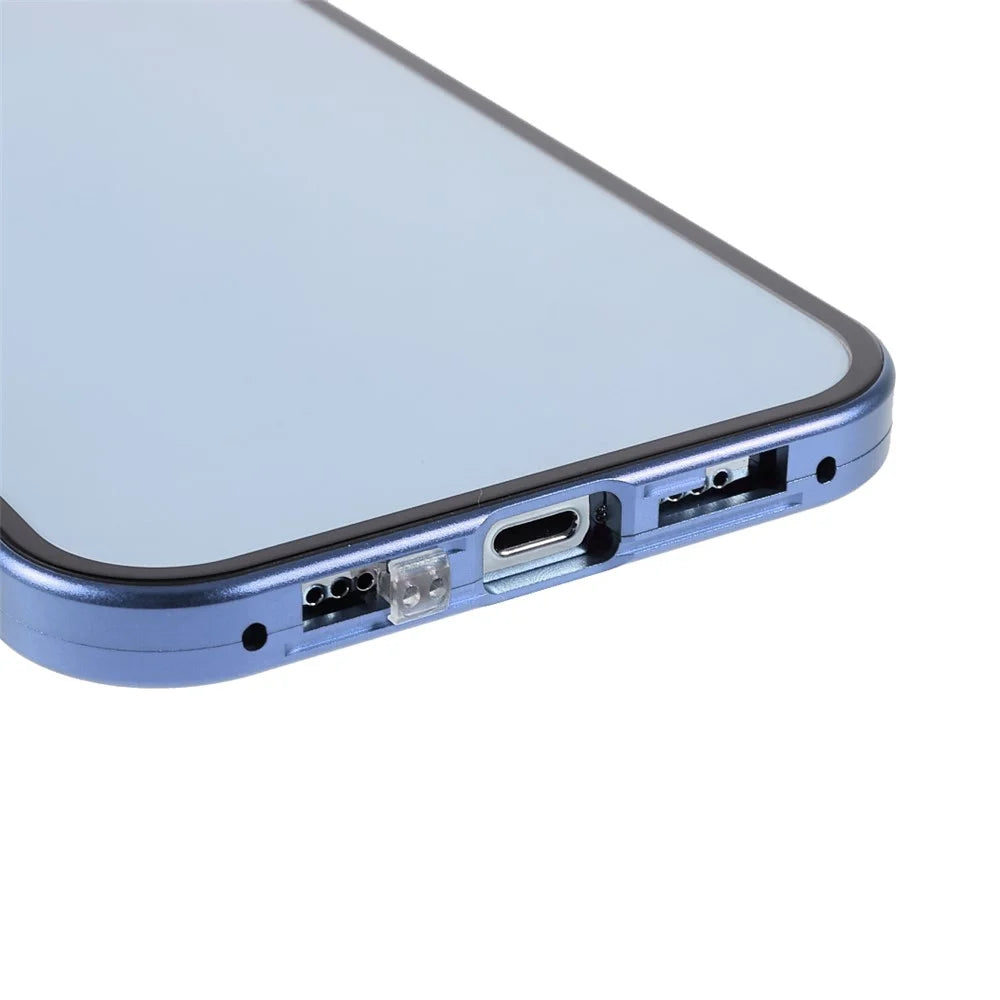 35 Degrees Anti-Peep Drop-Resistant Powerful Magnetic Metal Frame + Double-Sided Tempered Glass Phone Case for iPhone 13 Pro 6.1 inch - Blue - 6