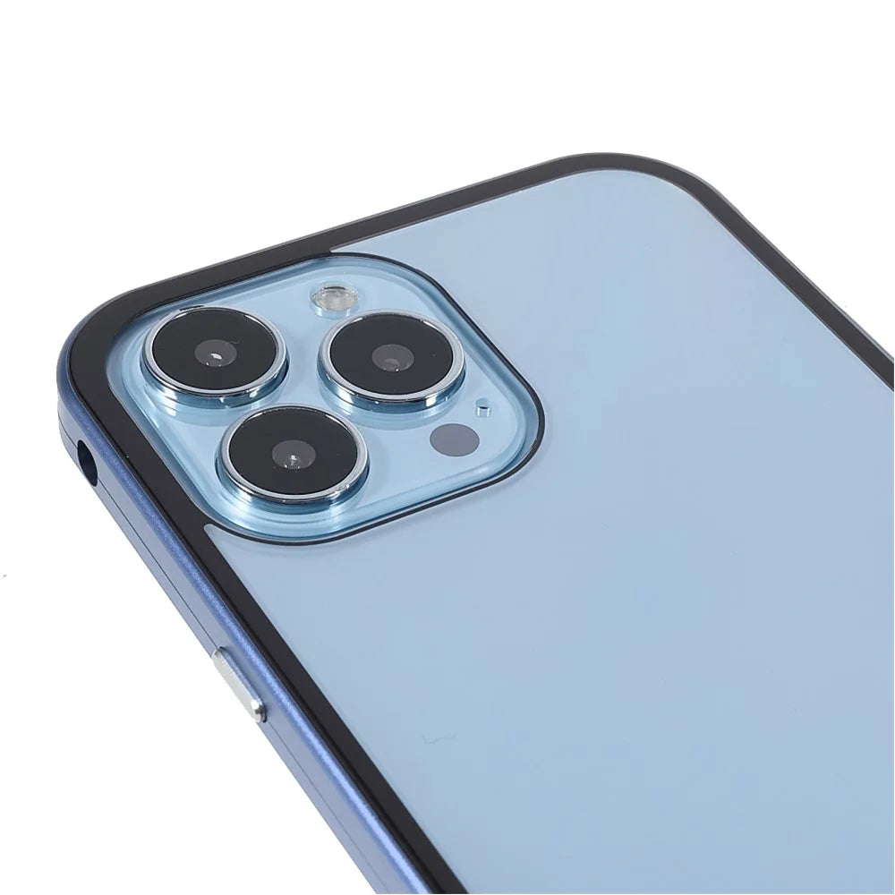 35 Degrees Anti-Peep Drop-Resistant Powerful Magnetic Metal Frame + Double-Sided Tempered Glass Phone Case for iPhone 13 Pro 6.1 inch - Blue - 7