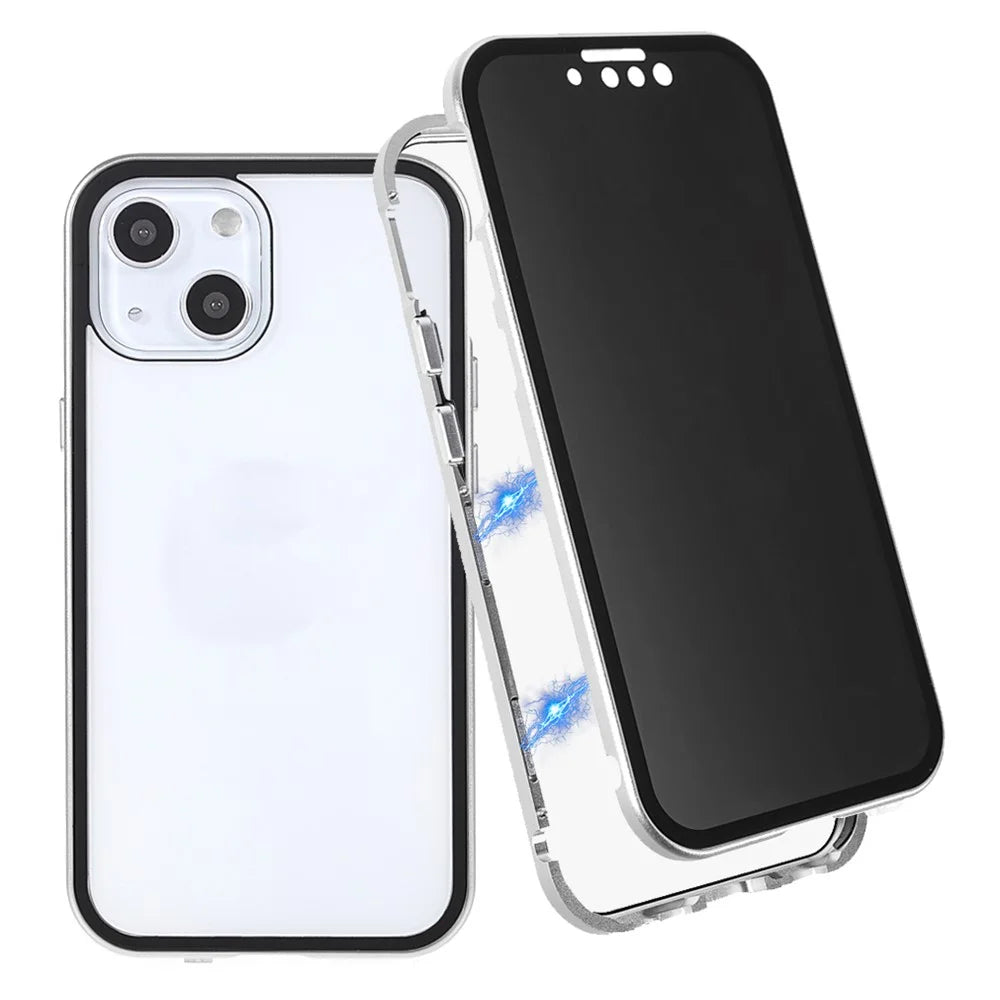 Scratch-Resistant Powerful Magnetic Metal Frame + Double-Sided Tempered Glass 35 Degrees Anti-Peep Phone Case for iPhone 13 mini 5.4 inch - Silver - 1