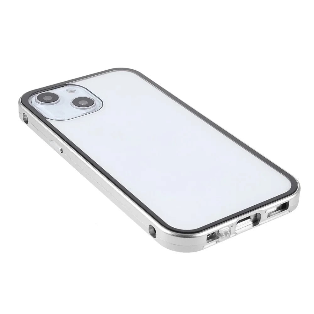 Scratch-Resistant Powerful Magnetic Metal Frame + Double-Sided Tempered Glass 35 Degrees Anti-Peep Phone Case for iPhone 13 mini 5.4 inch - Silver - 5