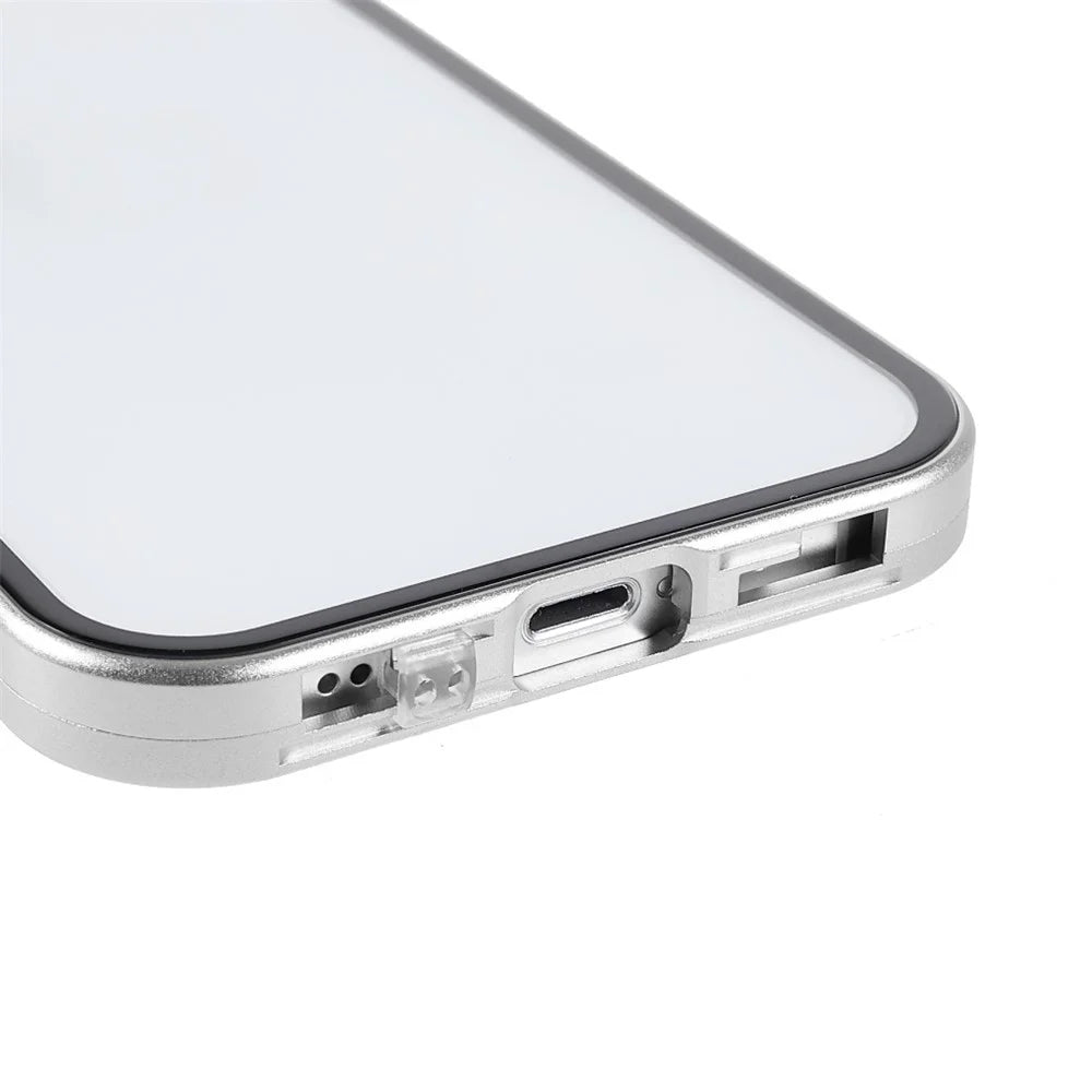 Scratch-Resistant Powerful Magnetic Metal Frame + Double-Sided Tempered Glass 35 Degrees Anti-Peep Phone Case for iPhone 13 mini 5.4 inch - Silver - 6