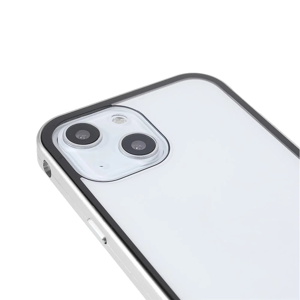 Scratch-Resistant Powerful Magnetic Metal Frame + Double-Sided Tempered Glass 35 Degrees Anti-Peep Phone Case for iPhone 13 mini 5.4 inch - Silver - 7