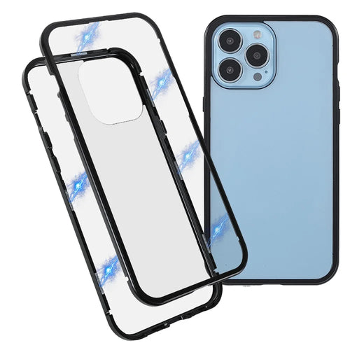 Drop-proof Double-sided Bright and Clear Tempered Glass + Magnetic Metal Frame Phone Case for iPhone 13 Pro 6.1 inch - Black - 1