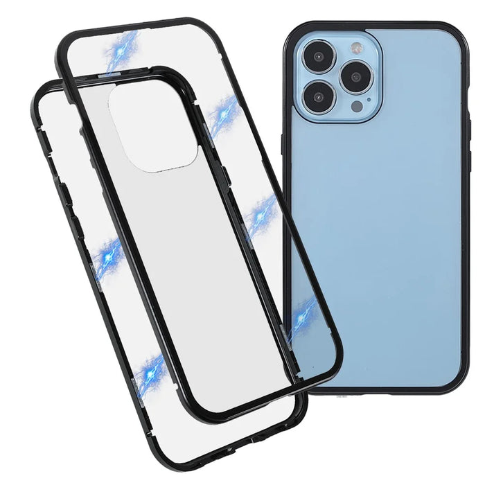 Drop-proof Double-sided Bright and Clear Tempered Glass + Magnetic Metal Frame Phone Case for iPhone 13 Pro 6.1 inch - Black - 1