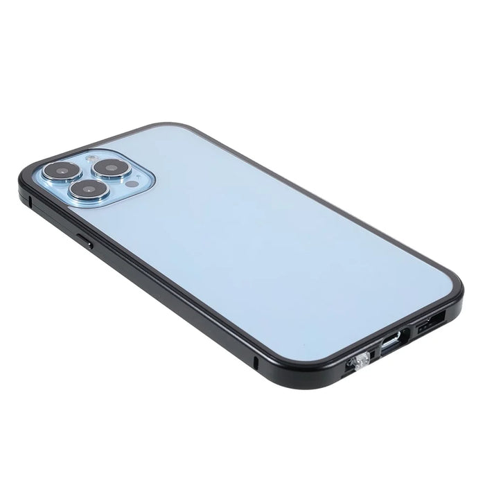 Drop-proof Double-sided Bright and Clear Tempered Glass + Magnetic Metal Frame Phone Case for iPhone 13 Pro 6.1 inch - Black - 4