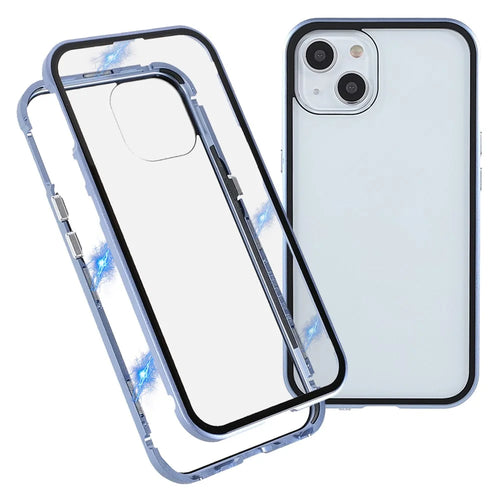 Drop and Shock Resistant Bright Double-sided Tempered Glass + Magnetic Metal Frame Phone Case for iPhone 13 6.1 inch - Blue - 1