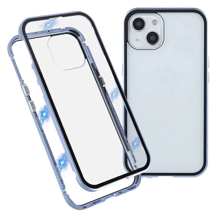 Drop and Shock Resistant Bright Double-sided Tempered Glass + Magnetic Metal Frame Phone Case for iPhone 13 6.1 inch - Blue - 1