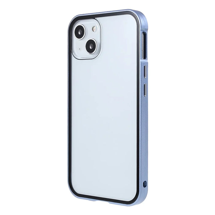 Drop and Shock Resistant Bright Double-sided Tempered Glass + Magnetic Metal Frame Phone Case for iPhone 13 6.1 inch - Blue - 2