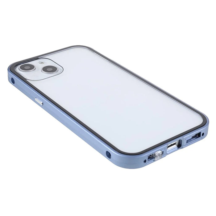 Drop and Shock Resistant Bright Double-sided Tempered Glass + Magnetic Metal Frame Phone Case for iPhone 13 6.1 inch - Blue - 4