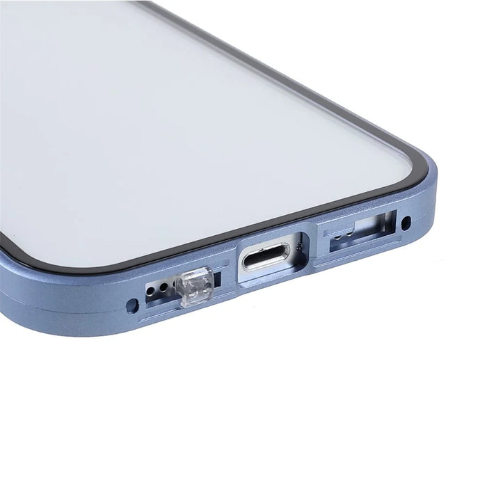 Drop and Shock Resistant Bright Double-sided Tempered Glass + Magnetic Metal Frame Phone Case for iPhone 13 6.1 inch - Blue - 5