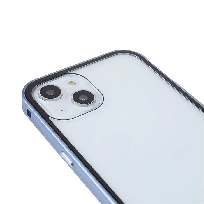 Drop and Shock Resistant Bright Double-sided Tempered Glass + Magnetic Metal Frame Phone Case for iPhone 13 6.1 inch - Blue - 6