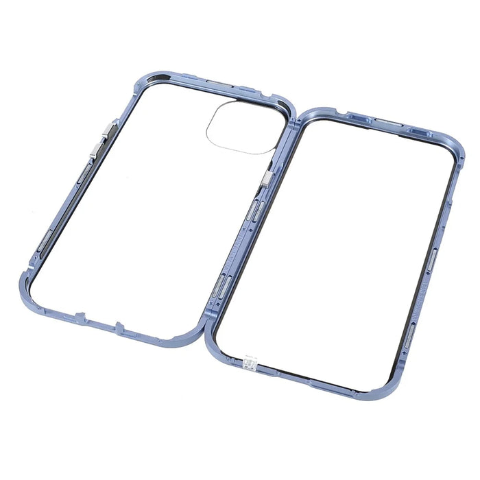 Drop and Shock Resistant Bright Double-sided Tempered Glass + Magnetic Metal Frame Phone Case for iPhone 13 6.1 inch - Blue - 7