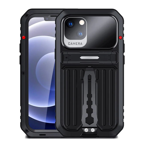 Anti-drop TPU+Metal Hybrid Case Kickstand Shell with Tempered Glass Film and Strap for iPhone 13 6.1 inch - Black - 1