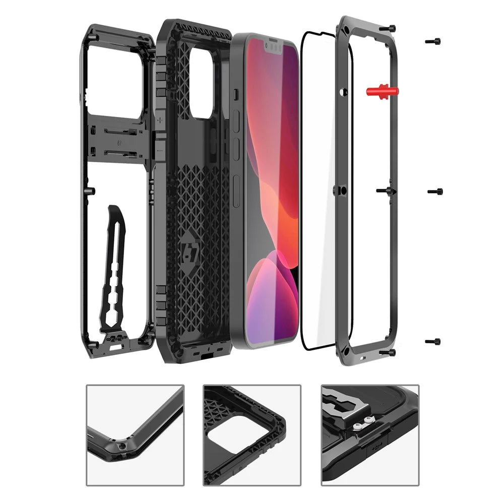 Anti-drop TPU+Metal Hybrid Case Kickstand Shell with Tempered Glass Film and Strap for iPhone 13 6.1 inch - Black - 2