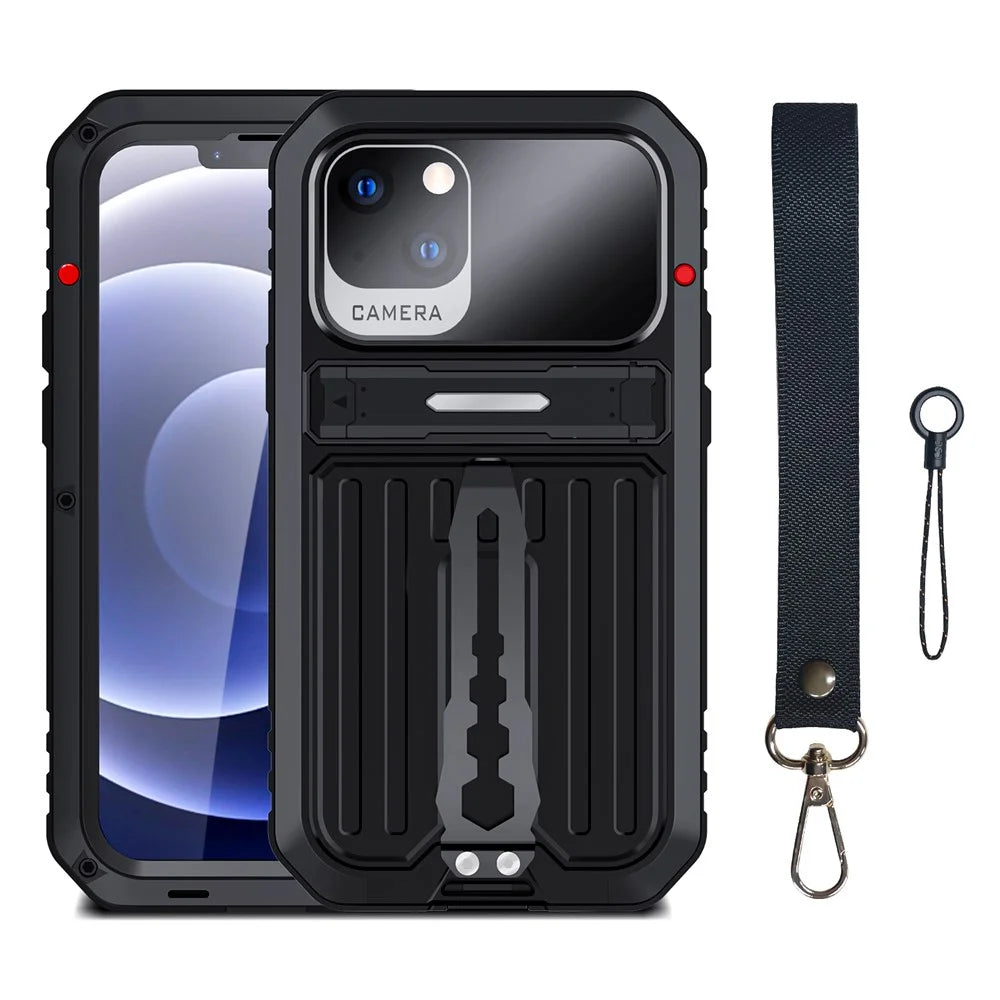 Anti-drop TPU+Metal Hybrid Case Kickstand Shell with Tempered Glass Film and Strap for iPhone 13 6.1 inch - Black - 3