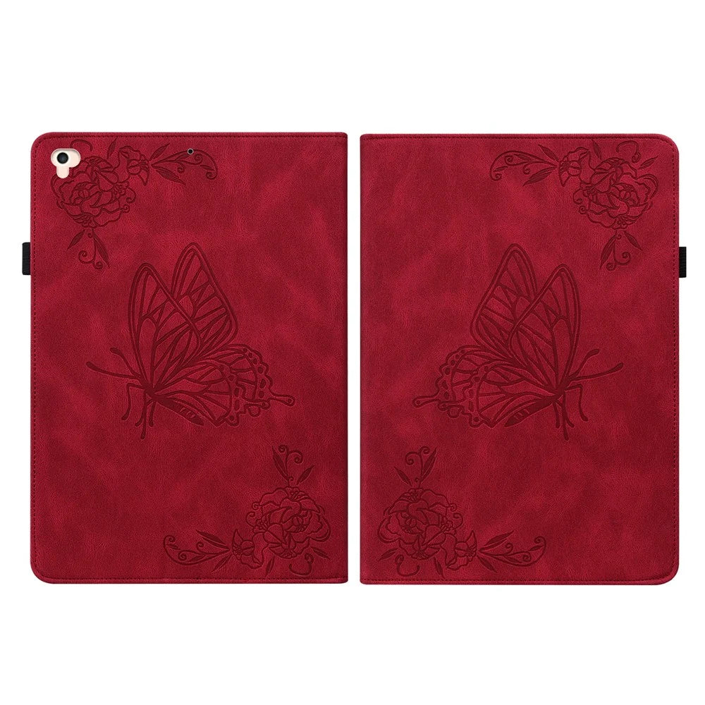 Viewing Stand Butterfly Flower Pattern Imprinting Leather Folio Cover with Elastic Band for iPad 9.7-inch (2018) / iPad 9.7-inch (2017) / iPad Air 2 (iPad 6) / iPad Air (iPad 5) - Red - 2