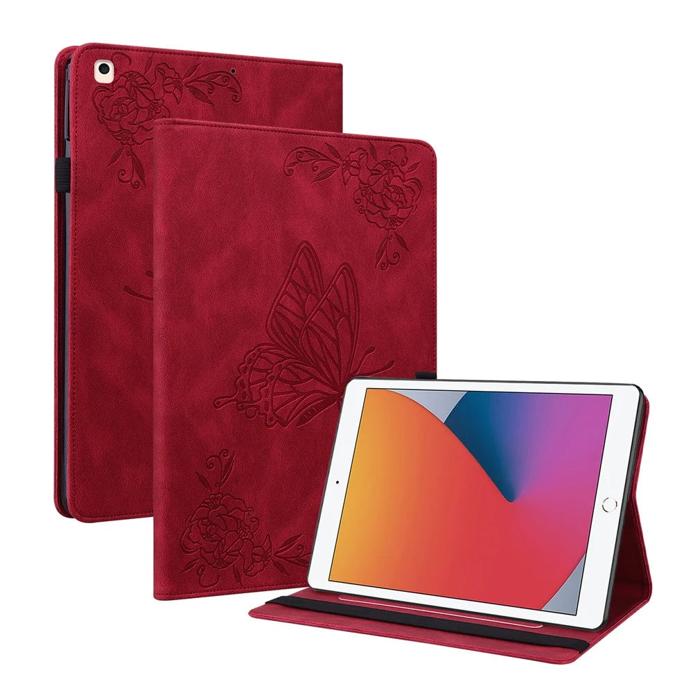 Imprinted Butterfly Flower PU Leather Stand Cover Card Slots Shockproof Folio Case with Elastic Band for iPad 10.2 (2021) / (2020) / (2019) - Red - 1