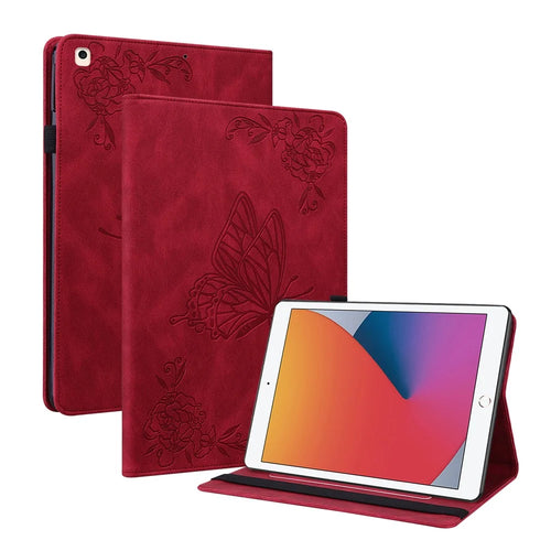 Imprinted Butterfly Flower PU Leather Stand Cover Card Slots Shockproof Folio Case with Elastic Band for iPad 10.2 (2021) / (2020) / (2019) - Red - 1
