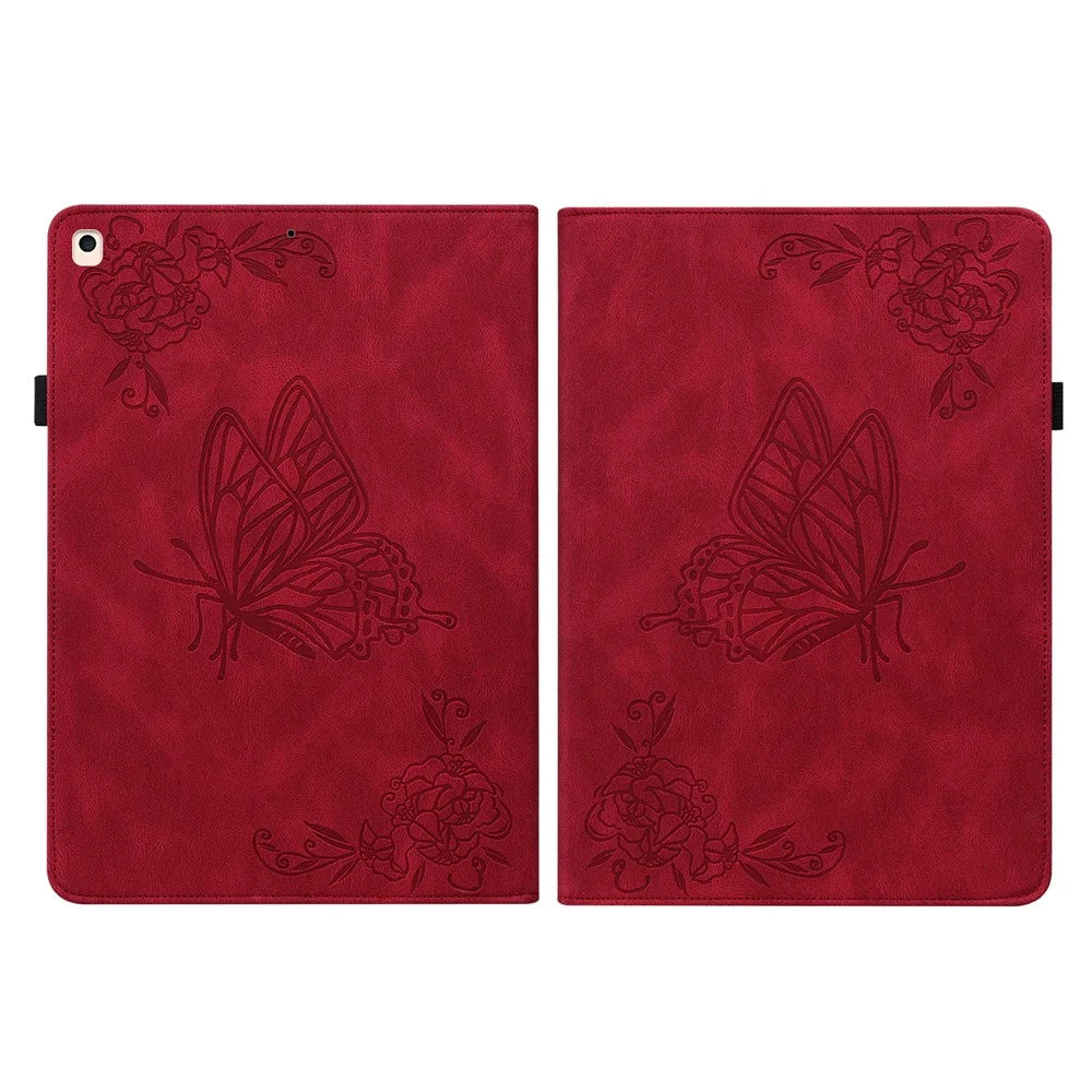 Imprinted Butterfly Flower PU Leather Stand Cover Card Slots Shockproof Folio Case with Elastic Band for iPad 10.2 (2021) / (2020) / (2019) - Red - 2