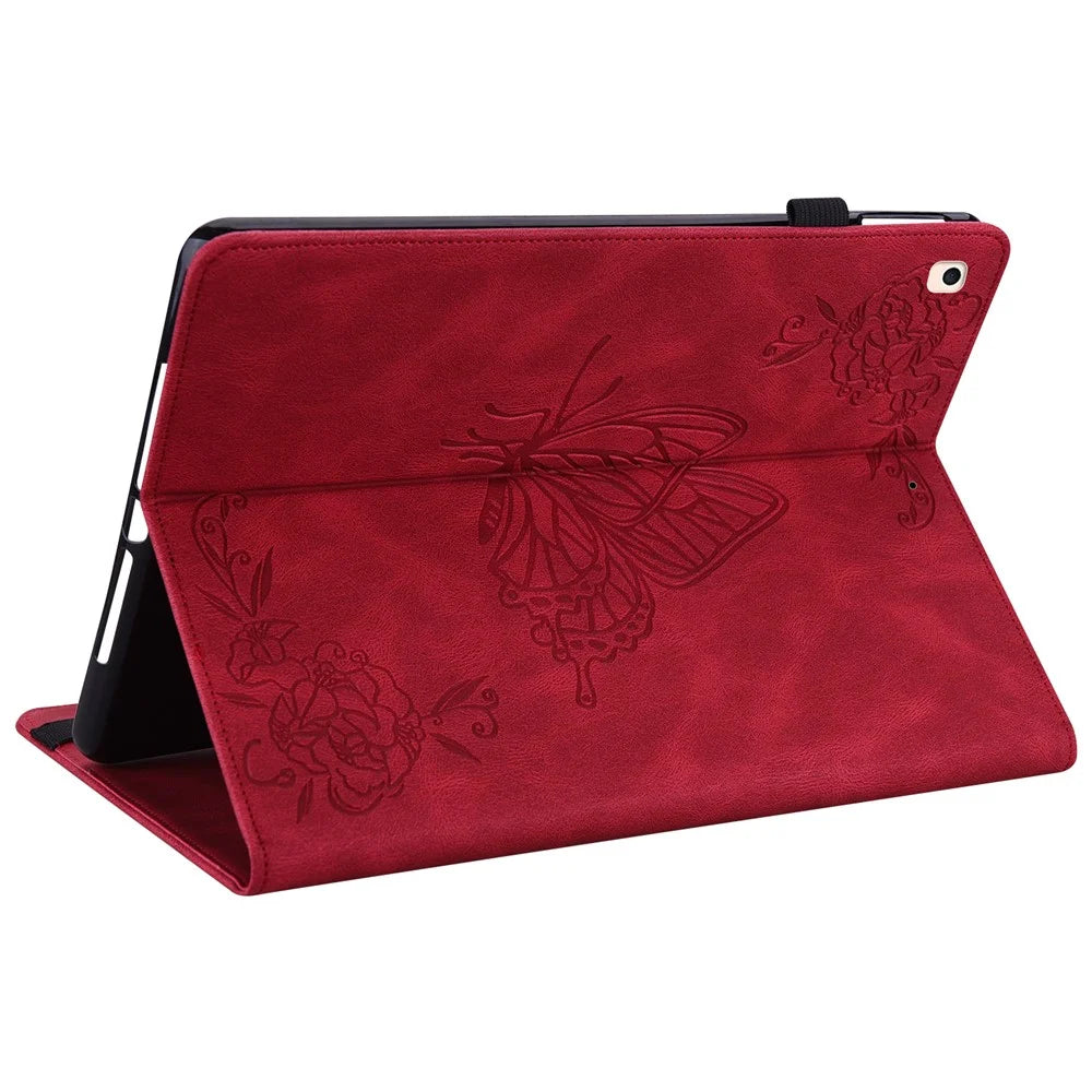 Imprinted Butterfly Flower PU Leather Stand Cover Card Slots Shockproof Folio Case with Elastic Band for iPad 10.2 (2021) / (2020) / (2019) - Red - 3