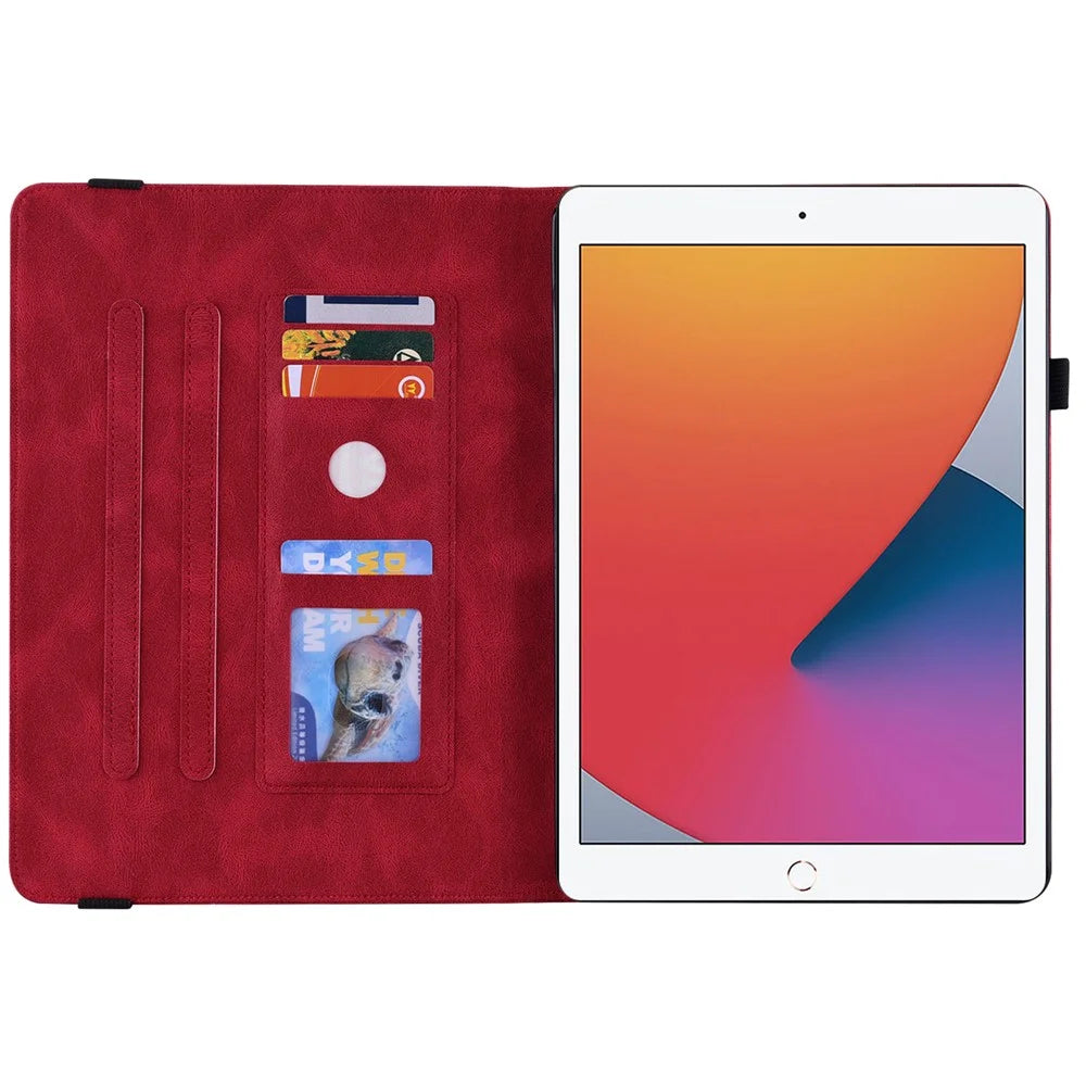 Imprinted Butterfly Flower PU Leather Stand Cover Card Slots Shockproof Folio Case with Elastic Band for iPad 10.2 (2021) / (2020) / (2019) - Red - 5