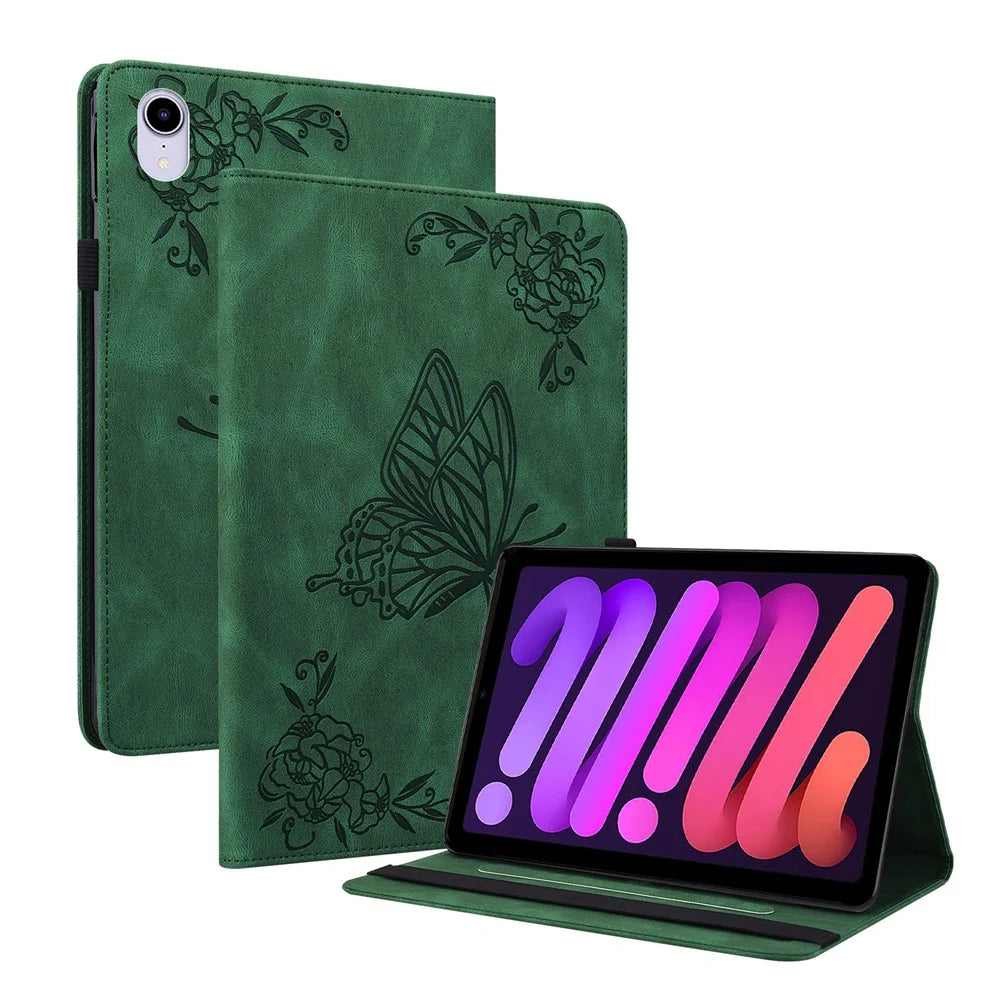 Butterfly Flower Leather Stand Cards Slot Cover with Elastic Band for iPad mini (2024) / mini (2021) - Green - 1